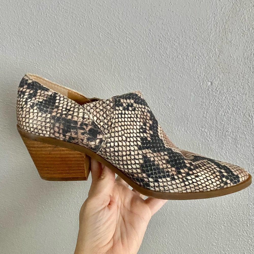 Lucky Brand Snake Print Ankle Booties in Black and Tan